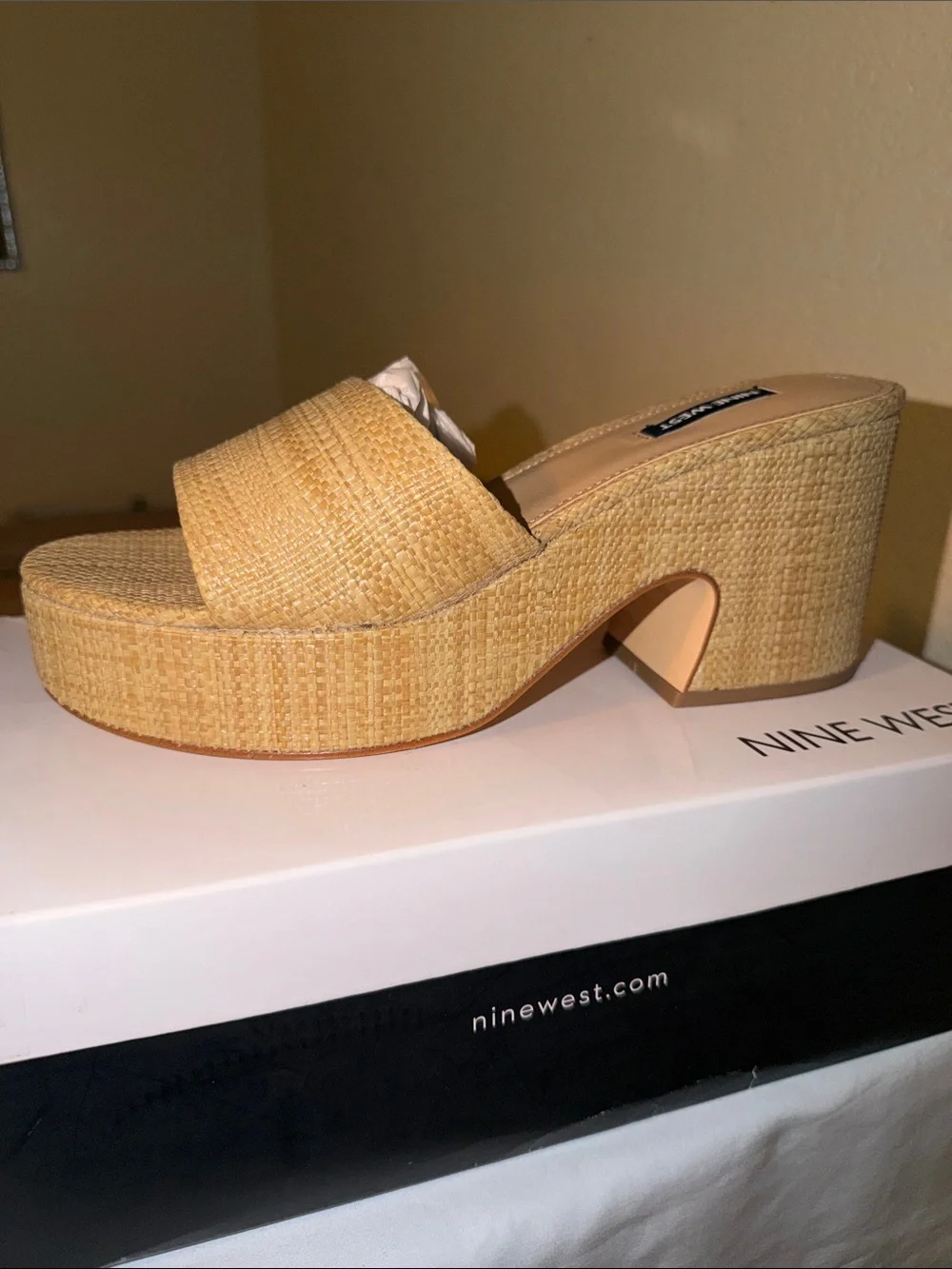 Nine West Natural Raffia Platform Slide Heels